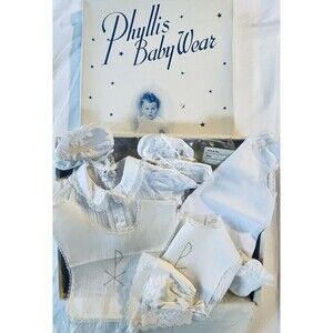Vintage Phyllis Baby Wear Christening Set Dress Coat Bonnet Shoes Bibs Boxed